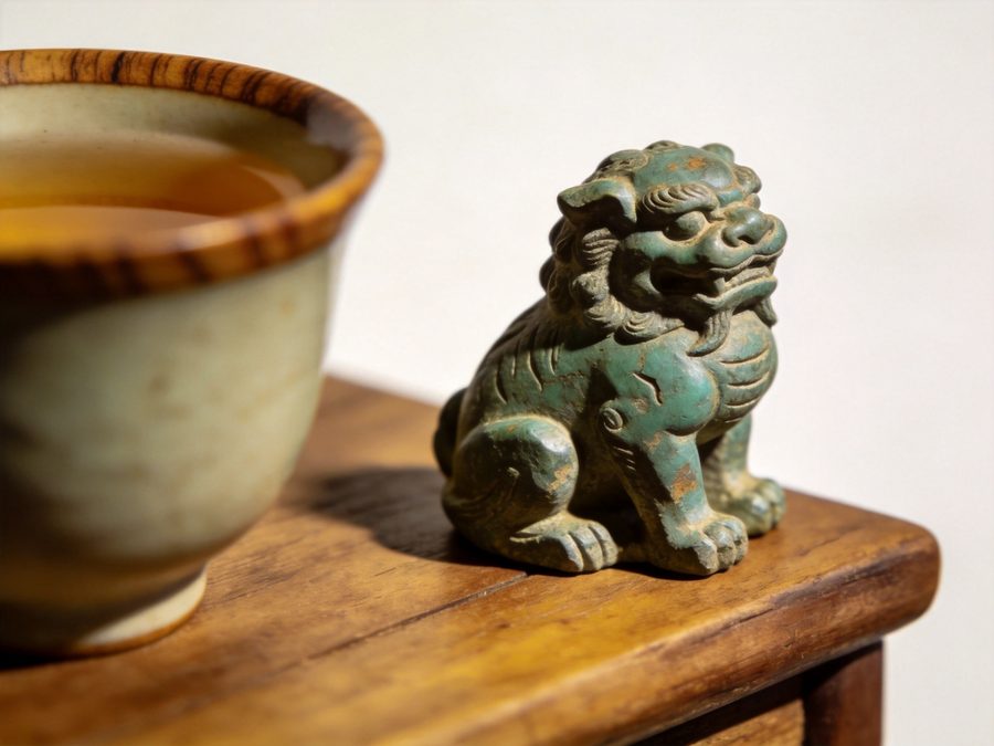 青石案头小石狮，保留手工凿痕